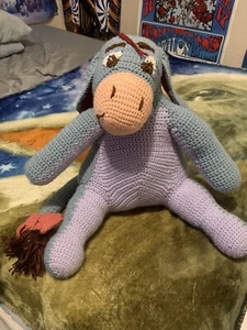 Vtg Large Handmade Crochet Knit Winnie The Pooh's Eeyore Nursery Plush Doll - Picture 1 of 9