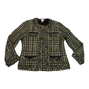 Chicos Blazer Jacket Women Size 2 Green Tweed Plaid Classy Snap Closure Lined - Picture 1 of 9