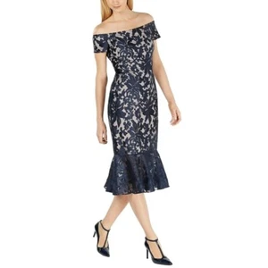 Calvin Klein Off-The-Shoulder Lace Trumpet Evening Midi Dress Gown Navy Size 4 - Imagen 1 de 7