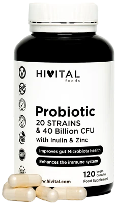 Probiótico 20 cepas 40 Mil Millones de UFC con Inulina y Zinc. 120 cápsulas