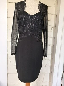 Lipsy London Dress Womens Sz 12 Lace Embroidered Black Long Sheer Sleeves sz M - Picture 1 of 7