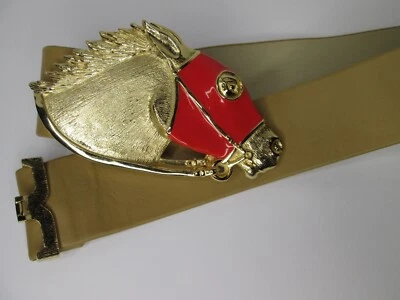 Mimi Di N Gold Tone Red Enamel Race Horse Buckle Leather Belt Triple Crown Win! - Image 1 of 4