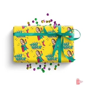 Personalized Birthday Gift Wrapping Paper w/ Photo Face Cut Girl Hero Gift Wrap - Picture 1 of 12