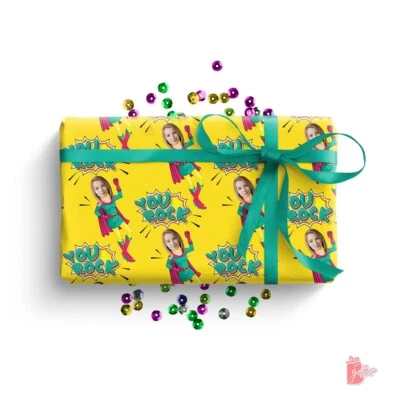 Personalized Birthday Gift Wrapping Paper w/ Photo Face Cut Girl Hero Gift Wrap - Image 1 of 4