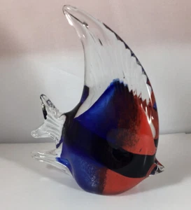 Art Glass Hand Blown Angel Fish Paper Weight Blue Red Black 4 1/2” X 4” B43 - Picture 1 of 3