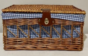 English Picnic Basket 42cm Wicker Gift Hamper Blue Gingham W Lid Craft AE325 - Picture 1 of 9