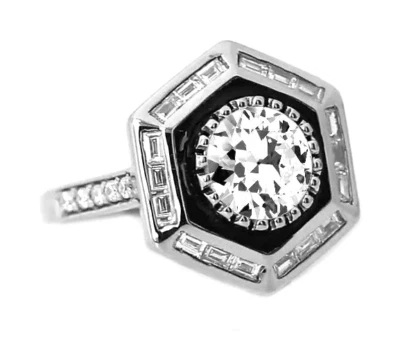 Anillo para mujer hecho a mano hexágono diseño vintage diamantes blancos y esmalte negro Foto 1 de 3