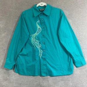 Bob Mackie Top Womens Medium Green Button Up Shirt Embroidered Peacock Western - Picture 1 of 14