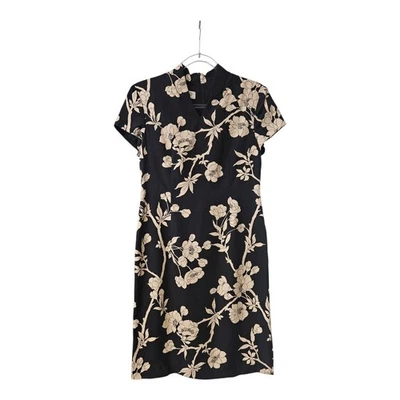 Talbots SIZE PETITE 4 Dress 100% Silk Black Tan Floral V-Neck Short Cap Sleeves - Image 1 of 4