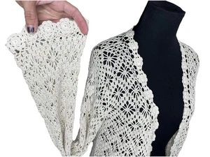 Newport News VTG Crochet Silk Cardigan L Boho 90s Y2K Flare Sleeve EUC Cream - Picture 1 of 5
