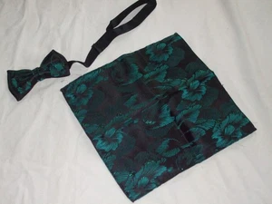Vintage Adjustable Bow Tie & Matching Pocket Square - Black w. Aquamarine Print - Picture 1 of 4