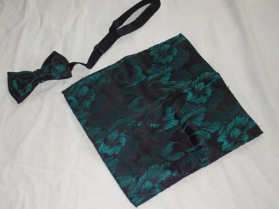 Vintage Adjustable Bow Tie & Matching Pocket Square - Black w. Aquamarine Print - Image 1 of 4
