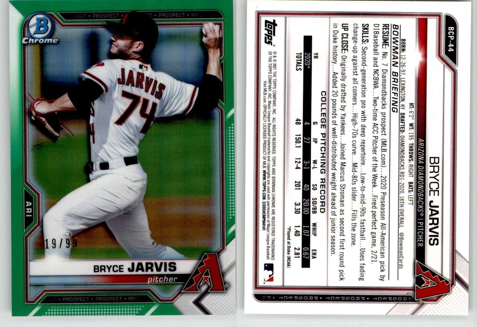 Bryce Jarvis 2021 Bowman Chrome Green Refractor BCP-44 /99 Diamondbacks - Image 1 of 1