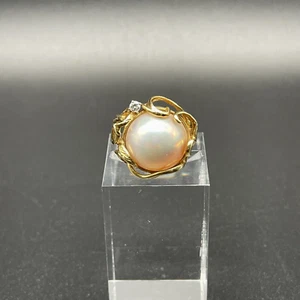 VTG 14K Yellow Gold Mabe Pearl Diamond Ring Free form Swirls Vines Sz 6.5 1990's - Picture 1 of 11