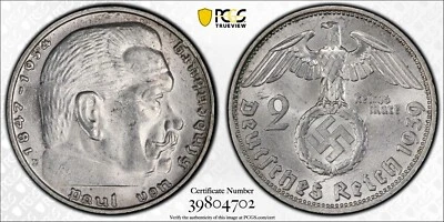 Moneda 702 de plata Alemania nazi Reichsmark Hindenburg J-366 PCGS MS63 1939-D 2 Mk Foto 1 de 3