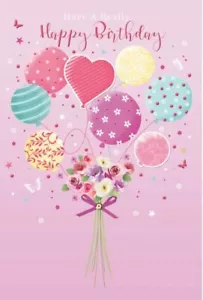 Biglietto Compleanno Femminile Aperto -Bouquet di Fiori e Palloncini con Foglio 7,75" x 5,25" - Foto 1 di 4