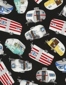 Camper Fabric - RV Camping Trailer Toss Black - Timeless Treasures 1.38 YARD - Picture 1 of 1