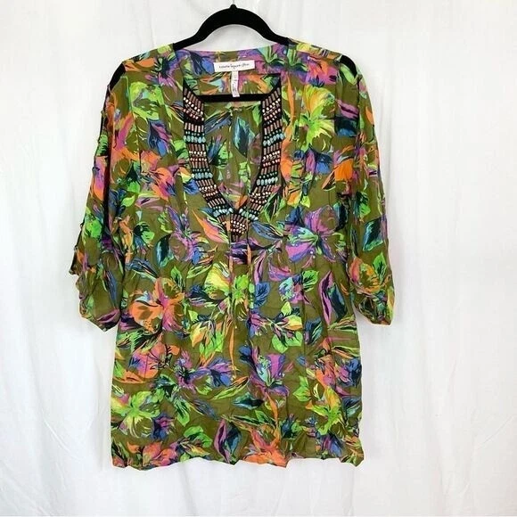 Capa de natação Nanette Lepore neon negrito várias contas algodão/seda tamanho grande - Imagem 1 de 4