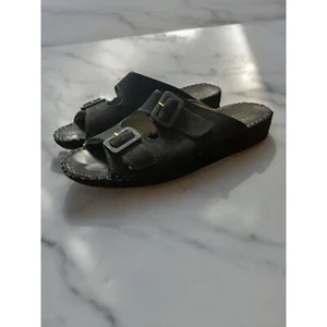 La Plume Jen Slip On Sandals Black Nubuk Leather Made in Italy Buckles Sz 41 - Picture 1 of 6