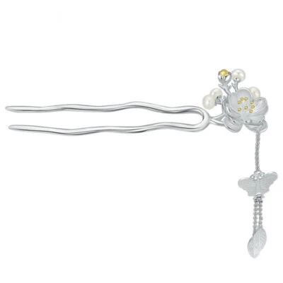 Pure Silver Chinese Ancient Style Flower Butterfly Pearl Hairpin Hairstick Hanfu - Image 1 of 4
