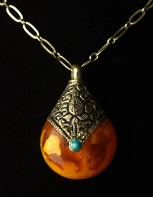 Collar Colgante Gota Ámbar y Turquesa Imitación Tibetana Firmado Vivian Tamayo Foto 1 de 4