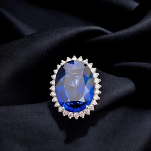 Anillo de boda de oro de 14 quilates de 22,00 quilates con zafiro azul talla ovalada cultivado en laboratorio diamante natural - Imagen 1 de 13