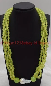 4 Row 6mm Green Peridot Round Gemstone Beads White Baroque Pearl Necklace16-28in - Picture 1 of 12
