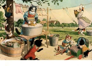 Postal de gato antropomórfico de colección Eugen Hartung colgante lavandería niños jugar sin usar - Imagen 1 de 2