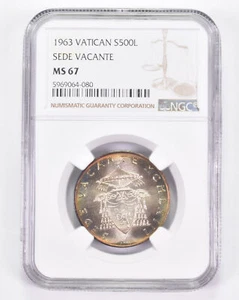 MS67 1963 Vatican 500 Lire Silver Sede Vacante Graded NGC INSANE Tone *8886 - Picture 1 of 3