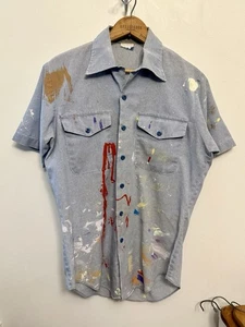 Vintage 70s Small Paint Splattered Distressed Faded House Painters Button Shirt - Bild 1 von 6