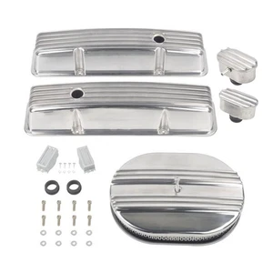 Polished Tall Valve Cover & 12" Air Cleaner & Breather For SBC Chevy 350 58-86 - Picture 1 of 12