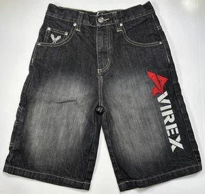 Avirex Shorts Youth 10 Black Distressed Denim Baggy Embroidered Vintage Y2K - Picture 1 of 15