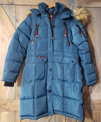 Parka Canada Weather Gear para mujer talla M abrigo largo acolchado de invierno azul verde piel sintética Foto 1 de 4