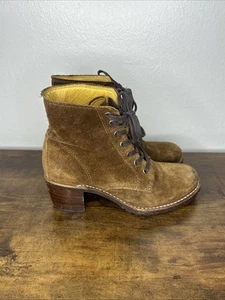 Frye Tan Distressed Suede Sabrina Lace up Heeled Ankle Combat Boot size 8 - Picture 1 of 12