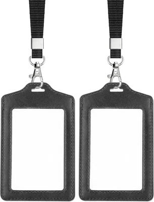 2 Pack Double Sided Clear Badge Holder with Lanyard PU Leather ID Badge Name ... — 第 1/4 张图片