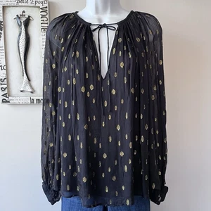 FRAME Langarm-Bluse schwarz transparent gold metallic mit Bindekragen Damen Oberteil Gr. M - Bild 1 von 10