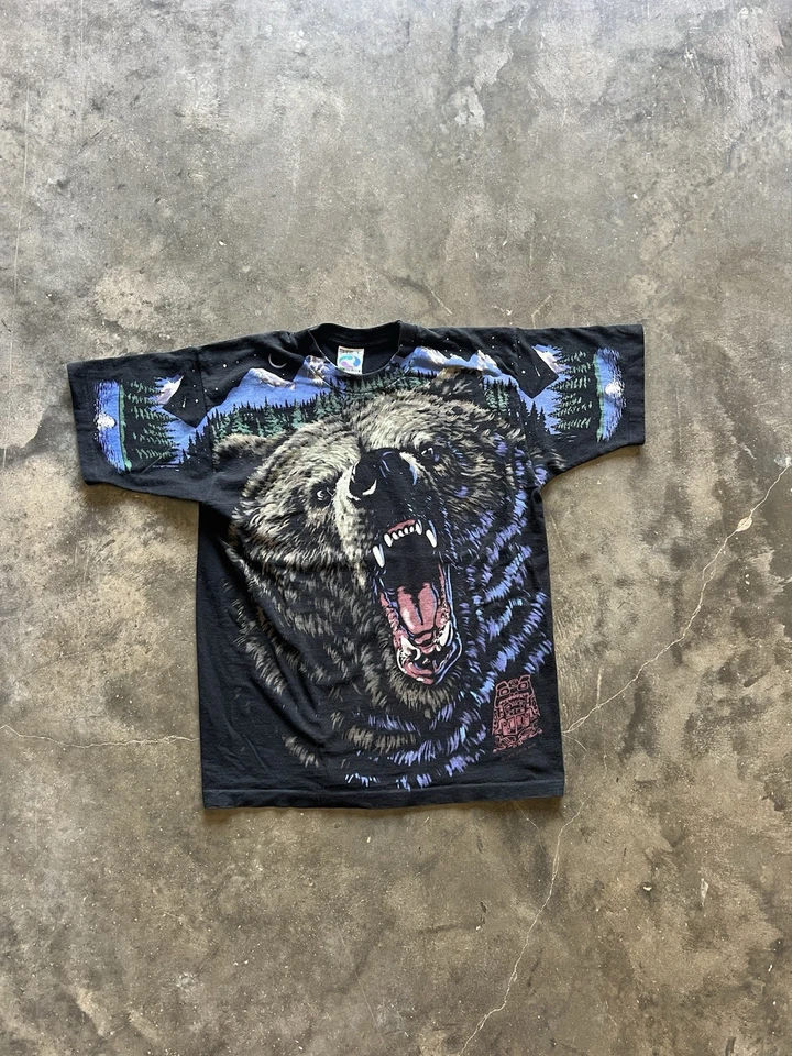 复古 1995 液体蓝熊 T 恤大号 AOP 双面 — 第 1/4 张图片