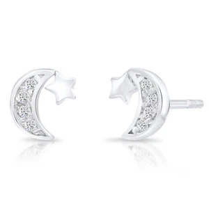 Sterling Silver Star and Moon Stud Earrings with Cubic Zirconia, 6mm x 5.5mm - Picture 1 of 6