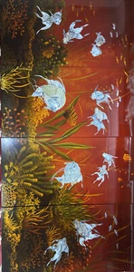 ORIENTAL Plaque Pictures RED GLOSS MOTHER OF PEARL INLAY KOI FISH 31” x 61” - Picture 1 of 12