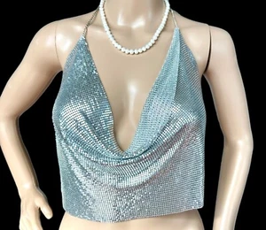 CHAIN MAIL HALTER TOP Metal Silver Draped 1 Size - Picture 1 of 4