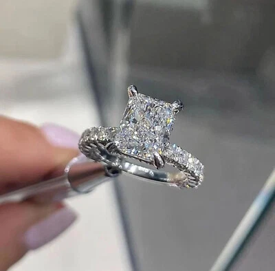 2.50CT White Radiant Cut CZ Full Halo Women's Wedding 925 Sterling Silver Ring - Image 1 of 3