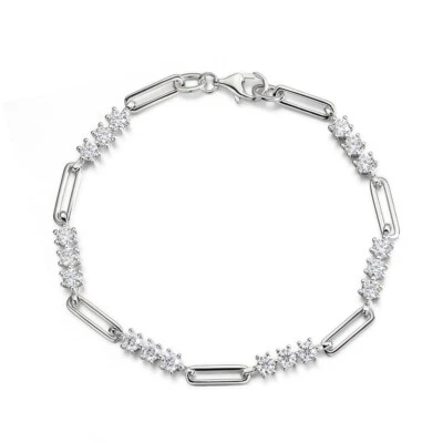 3mm Moissanite Tennis Paper Clip Bracelet Gift S925 Silver Plated 14K White Gold - Image 1 of 4
