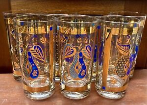 Set of 7 Vintage Georges Briard Apple Pear Highball Glasses MCM Gold Blue Green