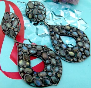 14k Yellow Gold & Black Sterling Silver opal Stone & Labradorite Dangle Earrings - Picture 1 of 5