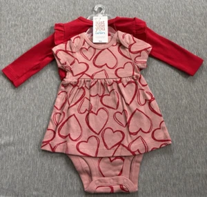 Carters Valentine's Day (Girls 3M) 2-Piece Pink Hearts Bodysuit Dress & Red Top - Picture 1 of 14