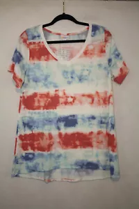 NWT LuLaRoe Size L Top Christy V-Neck Tee Red White Blue Tie Dye Short Sleeve - Picture 1 of 4