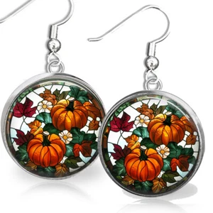 Herbstblätter & Kürbis Ohrringe Kunst Buntglas hängen Herbstschmuck Geschenke - Bild 1 von 4