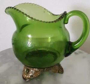 EAPG Victorian U.S. Glass Colorado Green Gilded Engraved Souvenir Creamer - Picture 1 of 3