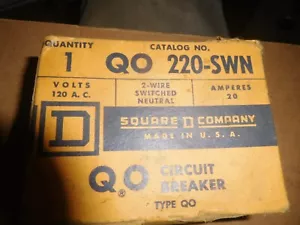 Square D QO220SWN 2 Pole 20 Amp Switch Neutral Circuit Breaker Plug-on ,NEW - Picture 1 of 5