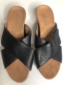 Women's VIONIC LETICIA Black Leather Wedge Heel Slip On Sandals Size 10